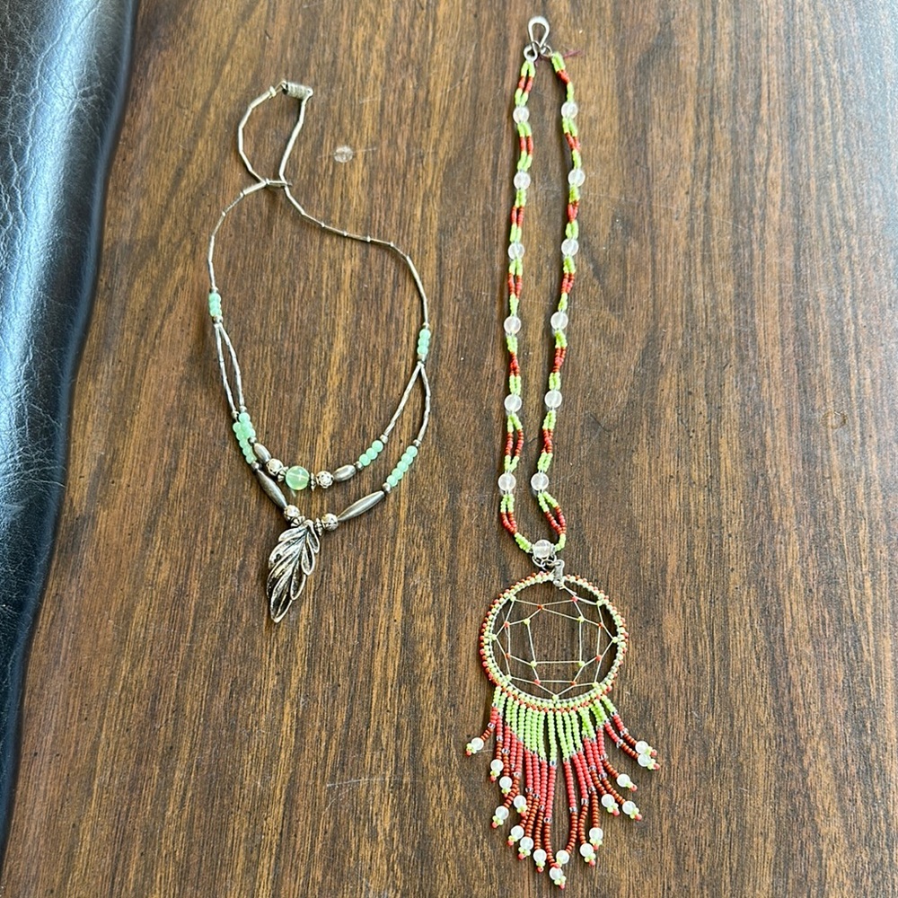 Handcrafted Beaded Dreamcatcher Necklace and silver feather and stone.